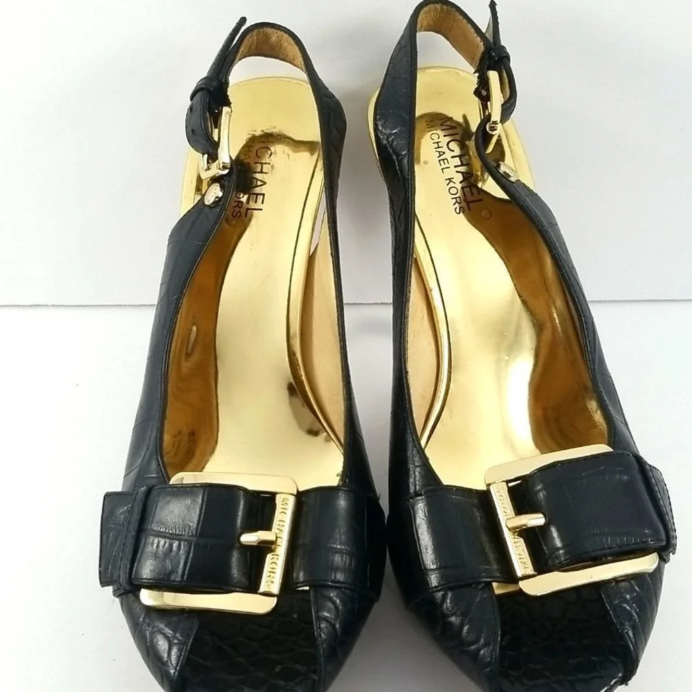 Michael Michael Kors Black Croc Embossed Slingback Platform Heels 8.5‎